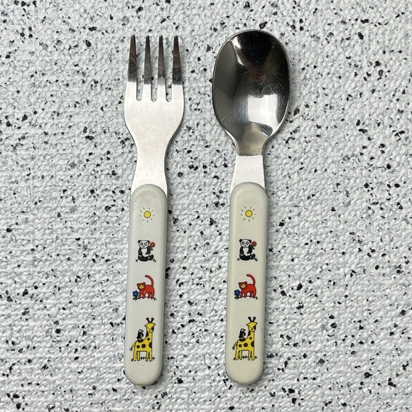 Other - Vintage 80s Childrens Toddler Flatware‎ Spoon Fork Animals Panda Money Giraffe